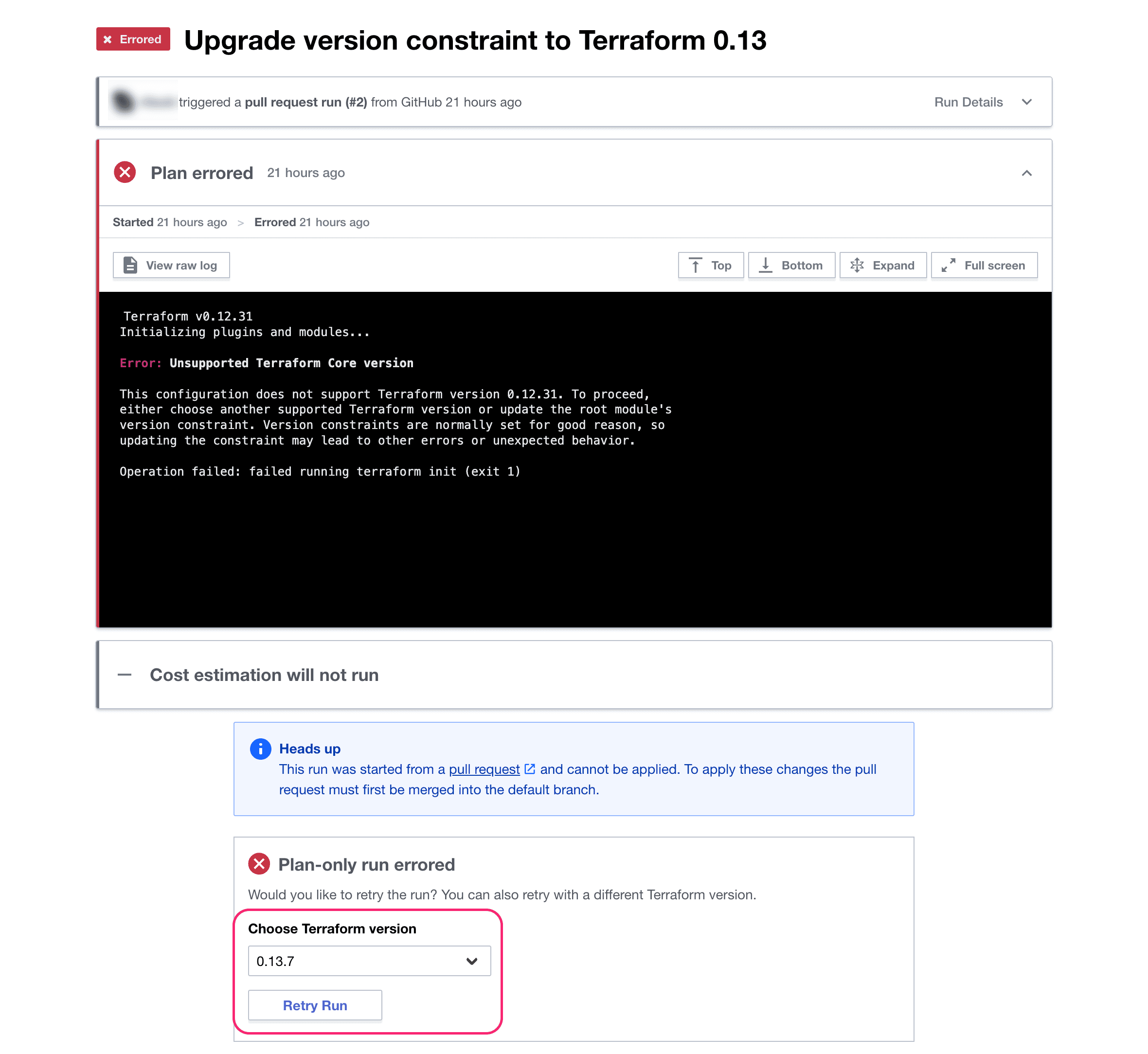 HCP Terraform plan error due to unsupported version