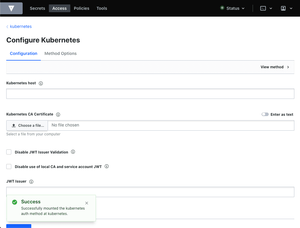 Access - Kubernetes auth method configuration